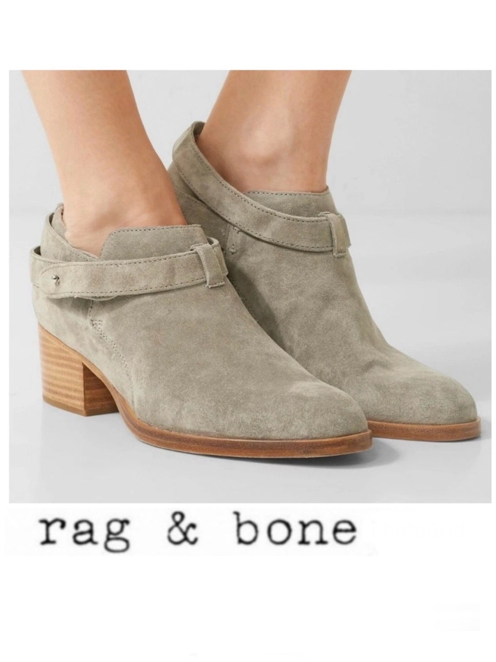 RAG & BONE Harley Gray Taupe Suede Strap Short Sleek Booties Ankle Boots Sz 38